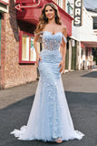 Corset Applique Blue Off the Shoulder Mermaid Prom Dress with Beading