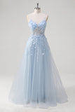 Blue Corset Applique Tulle A-Line Prom Dress with Beading