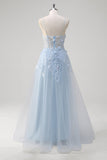 Blue Corset Applique Tulle A-Line Prom Dress with Beading