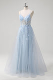 Blue Corset Applique Tulle A-Line Prom Dress with Beading