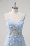 Blue Corset Applique Tulle A-Line Prom Dress with Beading