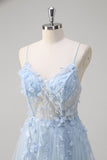 Blue Corset Applique Tulle A-Line Prom Dress with Beading