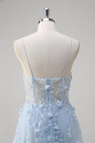 Blue Corset Applique Tulle A-Line Prom Dress with Beading