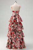 A Line Tiered Grey Pink Spaghetti Straps Floral Long Prom Dress