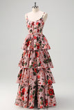 A Line Tiered Grey Pink Spaghetti Straps Floral Long Prom Dress