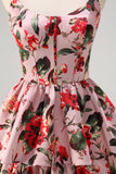 A Line Tiered Grey Pink Spaghetti Straps Floral Long Prom Dress