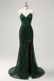 Sparkly Dark Green Sequined Applique Mermaid Prom Dress with Slit