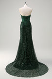 Sparkly Dark Green Sequined Applique Mermaid Prom Dress with Slit