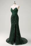 Sparkly Dark Green Sequined Applique Mermaid Prom Dress with Slit