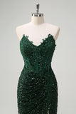 Sparkly Dark Green Sequined Applique Mermaid Prom Dress with Slit