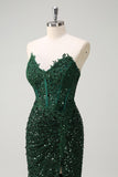 Sparkly Dark Green Sequined Applique Mermaid Prom Dress with Slit