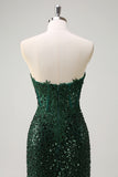 Sparkly Dark Green Sequined Applique Mermaid Prom Dress with Slit