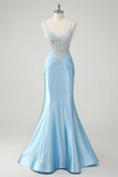 Blue Applique Spaghetti Straps Corset Mermaid Satin Prom Dress