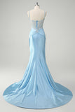 Blue Applique Spaghetti Straps Corset Mermaid Satin Prom Dress