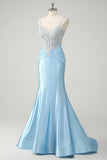 Blue Applique Spaghetti Straps Corset Mermaid Satin Prom Dress