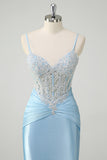 Blue Applique Spaghetti Straps Corset Mermaid Satin Prom Dress