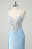 Blue Applique Spaghetti Straps Corset Mermaid Satin Prom Dress