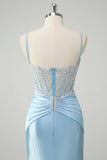 Blue Applique Spaghetti Straps Corset Mermaid Satin Prom Dress