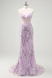 Sparkly Lilac Corset Sequined Mermaid Prom Dress with Criss Cross Back