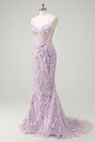 Sparkly Lilac Corset Sequined Mermaid Prom Dress with Criss Cross Back