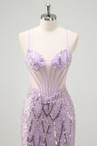 Sparkly Lilac Corset Sequined Mermaid Prom Dress with Criss Cross Back