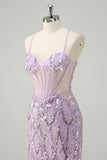 Sparkly Lilac Corset Sequined Mermaid Prom Dress with Criss Cross Back