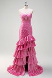 Fuchsia Strapless Keyhole Beaded Mermaid Prom Dress with Ruffles