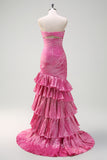 Fuchsia Strapless Keyhole Beaded Mermaid Prom Dress with Ruffles