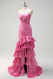 Fuchsia Strapless Keyhole Beaded Mermaid Prom Dress with Ruffles