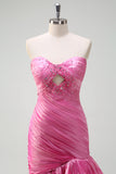 Fuchsia Strapless Keyhole Beaded Mermaid Prom Dress with Ruffles