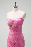 Fuchsia Strapless Keyhole Beaded Mermaid Prom Dress with Ruffles