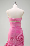 Fuchsia Strapless Keyhole Beaded Mermaid Prom Dress with Ruffles