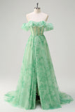 Green Off the Shoulder Corset Floral A-Line Prom Dress with Ruffle