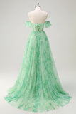 Green Off the Shoulder Corset Floral A-Line Prom Dress with Ruffle