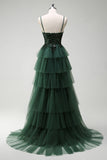 Dark Green Spaghetti Straps Applique Tiered A-Line Prom Dress