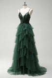 Dark Green Spaghetti Straps Applique Tiered A-Line Prom Dress