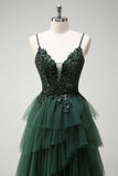 Dark Green Spaghetti Straps Applique Tiered A-Line Prom Dress