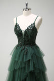 Dark Green Spaghetti Straps Applique Tiered A-Line Prom Dress