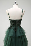 Dark Green Spaghetti Straps Applique Tiered A-Line Prom Dress