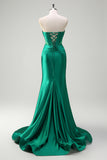 Dark Green Corset Keyhole Beaded Satin Mermaid Prom Dress with Slit