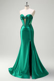 Dark Green Corset Keyhole Beaded Satin Mermaid Prom Dress with Slit