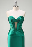 Dark Green Corset Keyhole Beaded Satin Mermaid Prom Dress with Slit