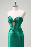 Dark Green Corset Keyhole Beaded Satin Mermaid Prom Dress with Slit