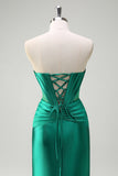 Dark Green Corset Keyhole Beaded Satin Mermaid Prom Dress with Slit