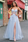 Blue Corset Applique Beaded A-Line Prom Dress with Slit