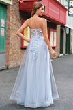 Blue Corset Applique Beaded A-Line Prom Dress with Slit