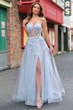 Blue Corset Applique Beaded A-Line Prom Dress with Slit