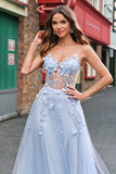 Blue Corset Applique Beaded A-Line Prom Dress with Slit