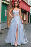 Blue Corset Applique Beaded A-Line Prom Dress with Slit