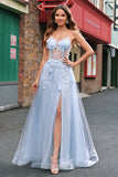 Blue Corset Applique Beaded A-Line Prom Dress with Slit